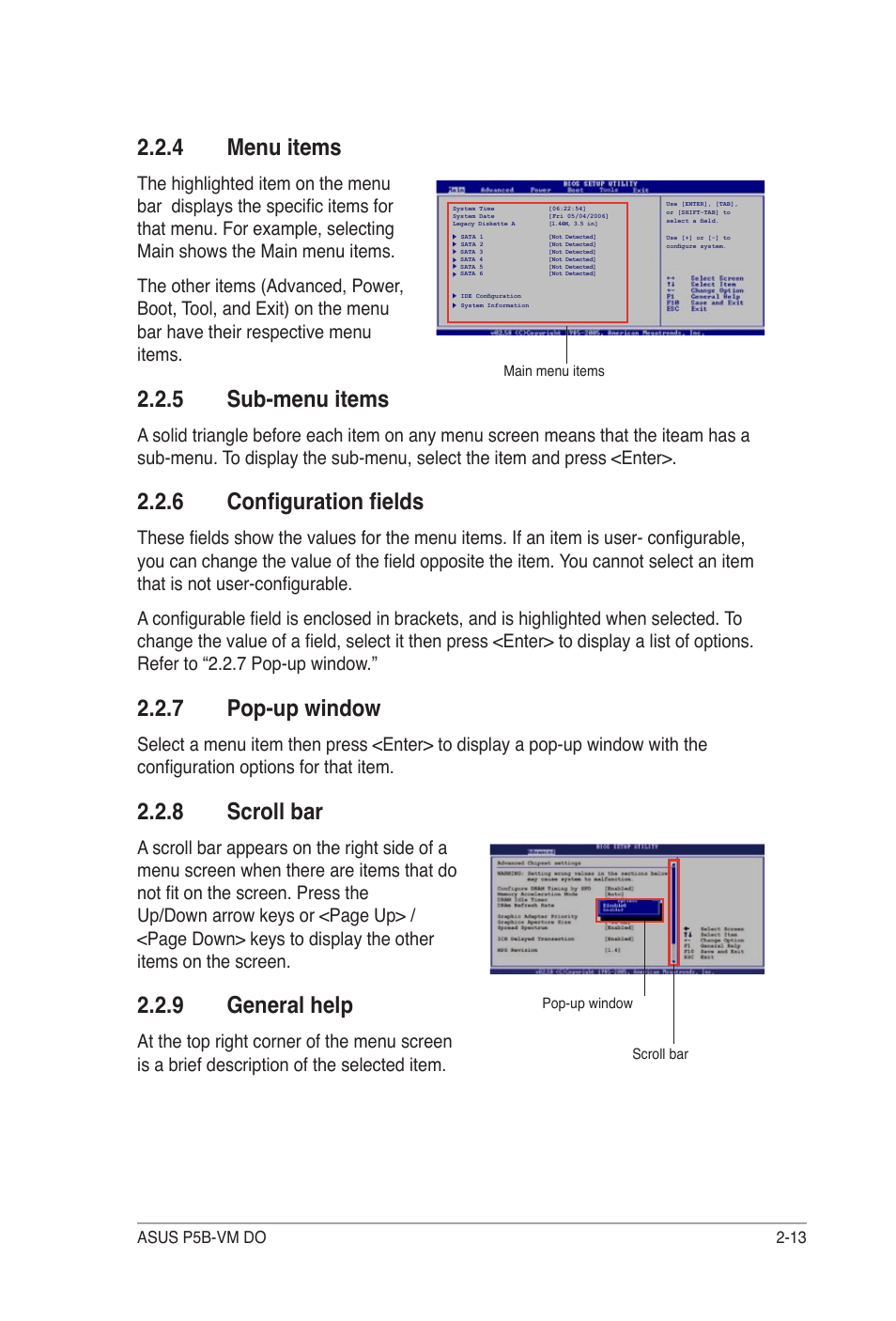 4 menu items, 5 sub-menu items, 6 configuration fields | 7 pop-up window, 8 scroll bar, 9 general help | Asus P5B-VM DO User Manual | Page 67 / 100