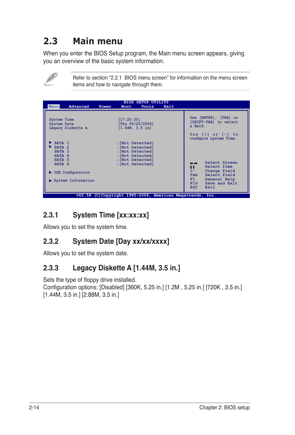 3 main menu, 1 system time [xx:xx:xx, Allows you to set the system time | Allows you to set the system date | Asus P5B-VM DO User Manual | Page 68 / 100