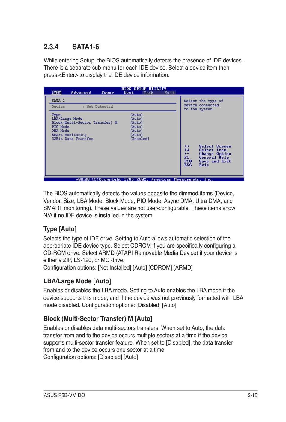 4 sata1-6, Type [auto, Lba/large mode [auto | Block (multi-sector transfer) m [auto | Asus P5B-VM DO User Manual | Page 69 / 100