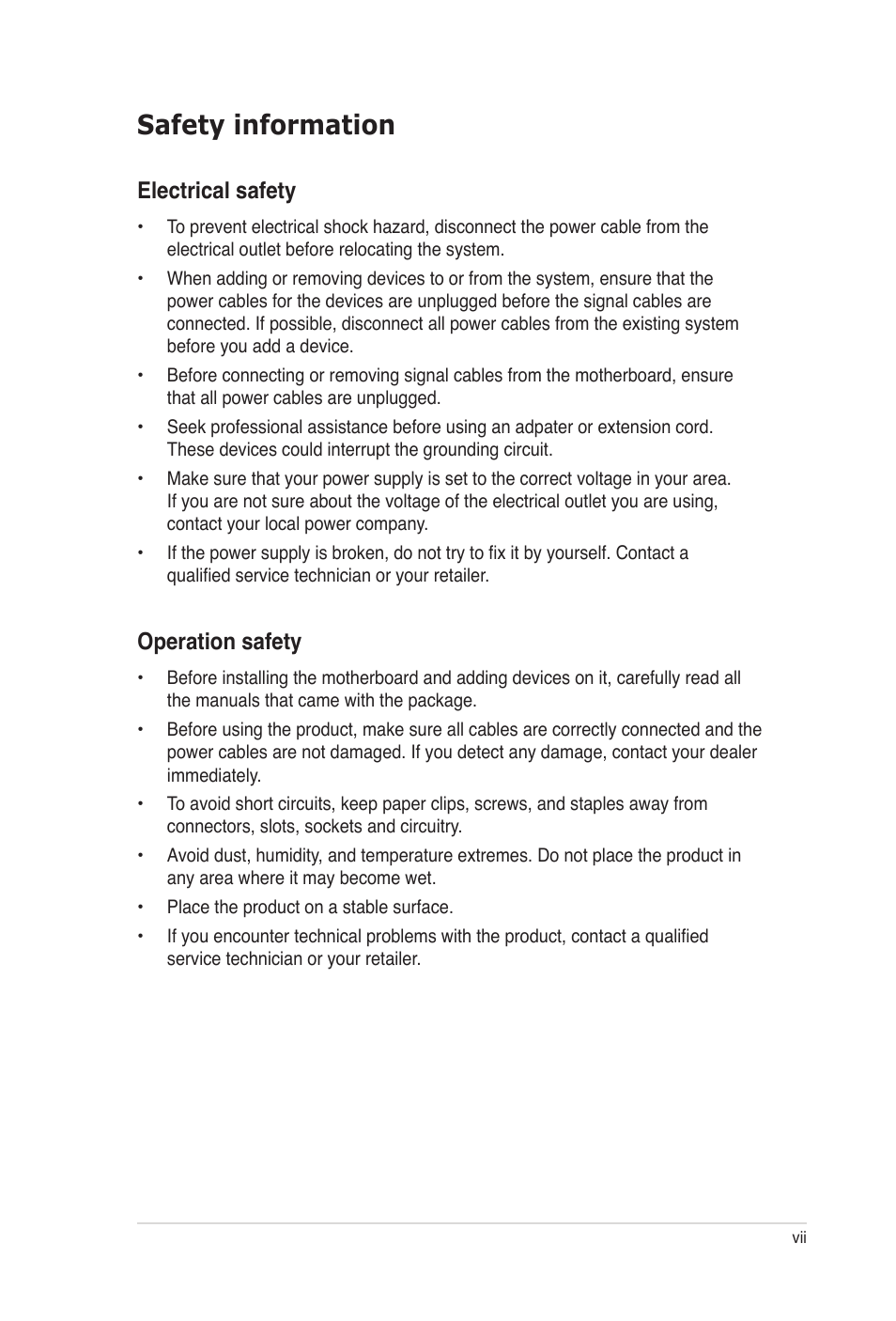 Safety information, Electrical safety, Operation safety | Asus P5B-VM DO User Manual | Page 7 / 100