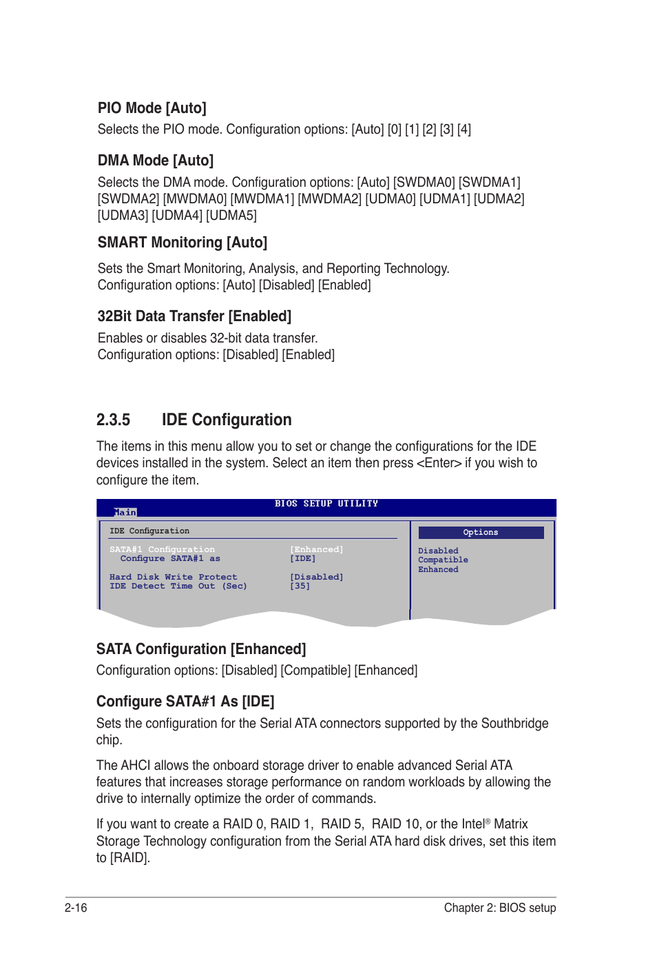 5 ide configuration, Pio mode [auto, Dma mode [auto | Smart monitoring [auto, 32bit data transfer [enabled, Sata configuration [enhanced, Configure sata#1 as [ide | Asus P5B-VM DO User Manual | Page 70 / 100