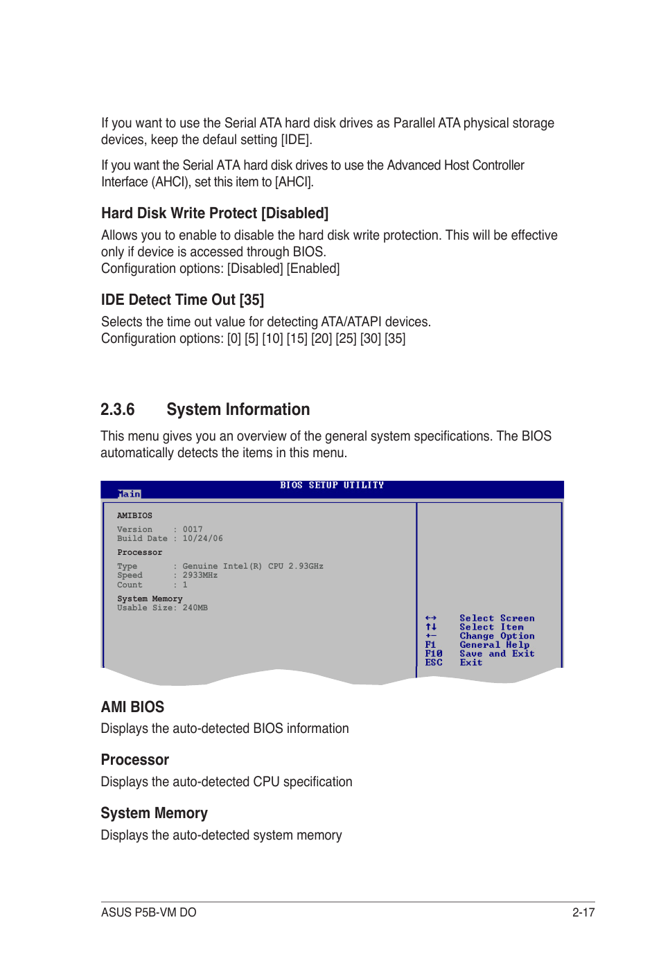 6 system information, Ami bios, Processor | Hard disk write protect [disabled, Ide detect time out [35 | Asus P5B-VM DO User Manual | Page 71 / 100