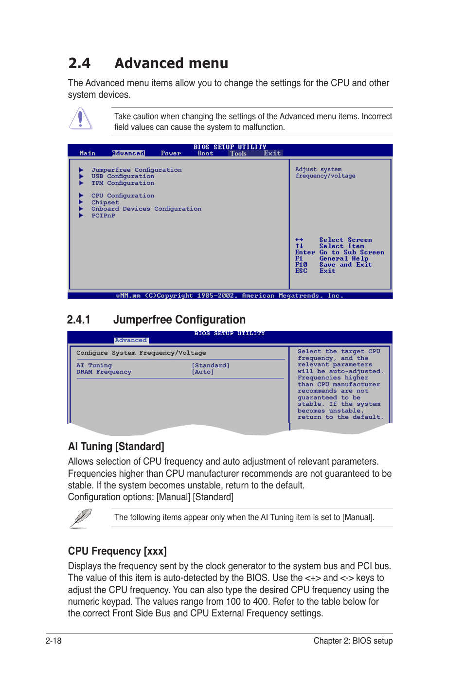 4 advanced menu, 1 jumperfree configuration, Ai tuning [standard | Cpu frequency [xxx | Asus P5B-VM DO User Manual | Page 72 / 100