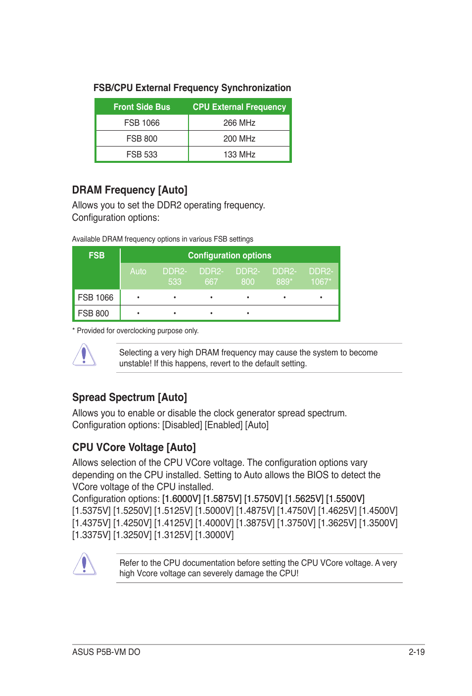 Spread spectrum [auto, Cpu vcore voltage [auto, Dram frequency [auto | Asus P5B-VM DO User Manual | Page 73 / 100