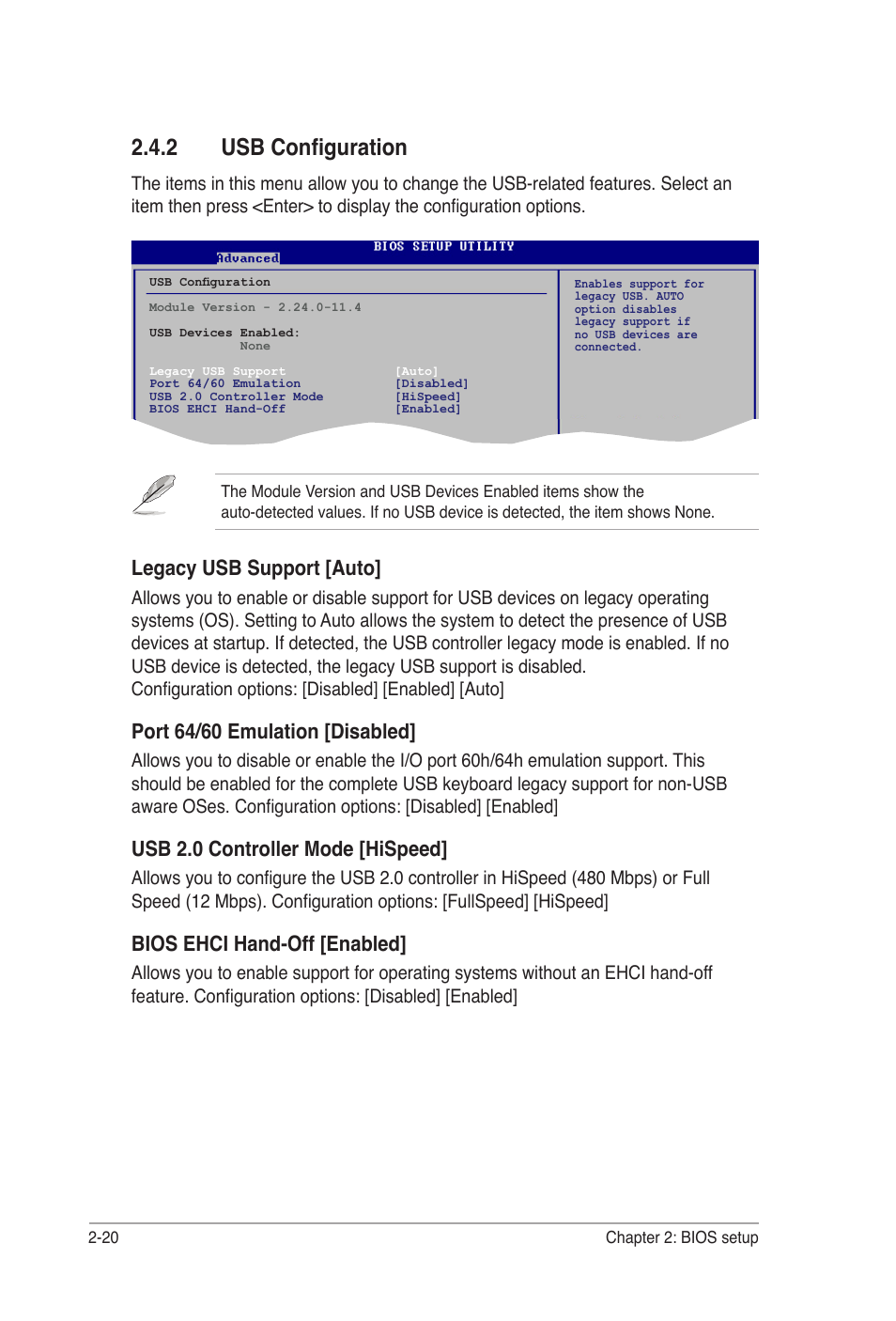 2 usb configuration, Legacy usb support [auto, Port 64/60 emulation [disabled | Usb 2.0 controller mode [hispeed, Bios ehci hand-off [enabled | Asus P5B-VM DO User Manual | Page 74 / 100