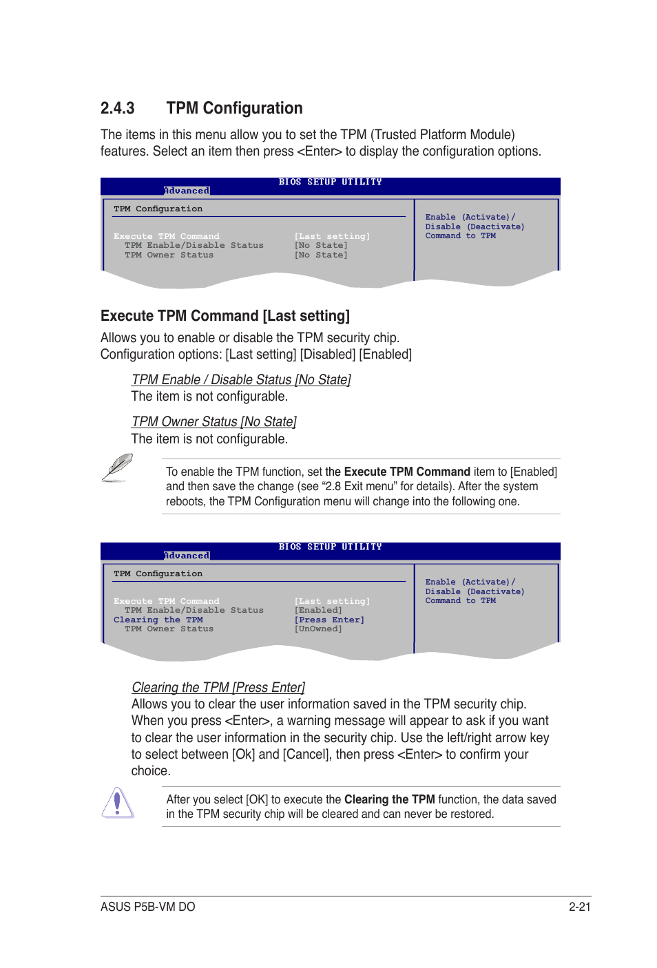 3 tpm configuration, Execute tpm command [last setting | Asus P5B-VM DO User Manual | Page 75 / 100