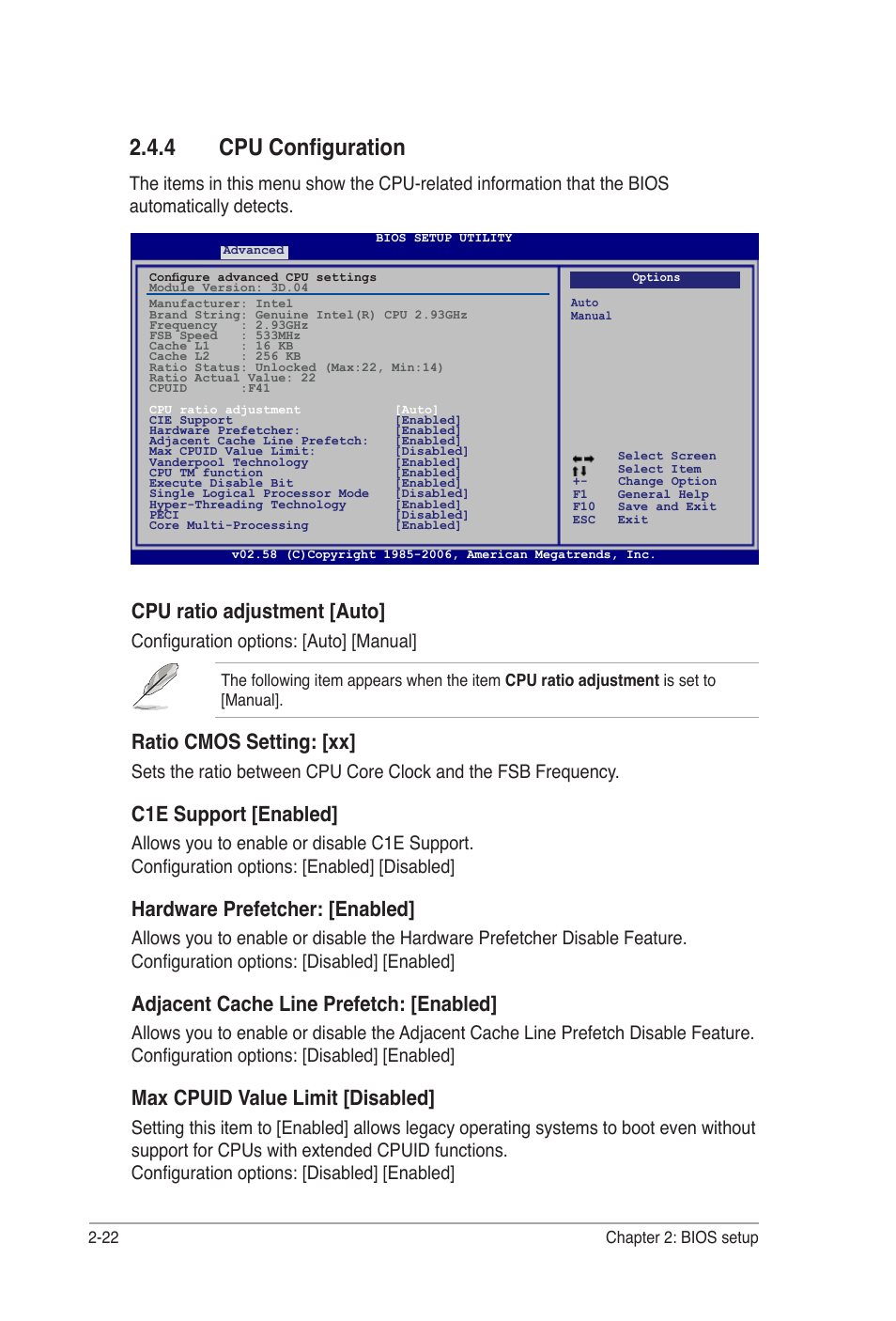 4 cpu configuration, Cpu ratio adjustment [auto, Ratio cmos setting: [xx | C1e support [enabled, Hardware prefetcher: [enabled, Adjacent cache line prefetch: [enabled, Max cpuid value limit [disabled, Configuration options: [auto] [manual | Asus P5B-VM DO User Manual | Page 76 / 100