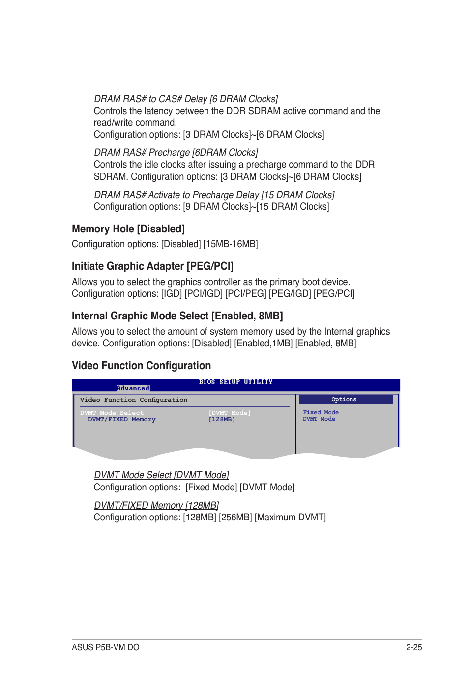 Initiate graphic adapter [peg/pci, Internal graphic mode select [enabled, 8mb, Video function configuration | Asus P5B-VM DO User Manual | Page 79 / 100