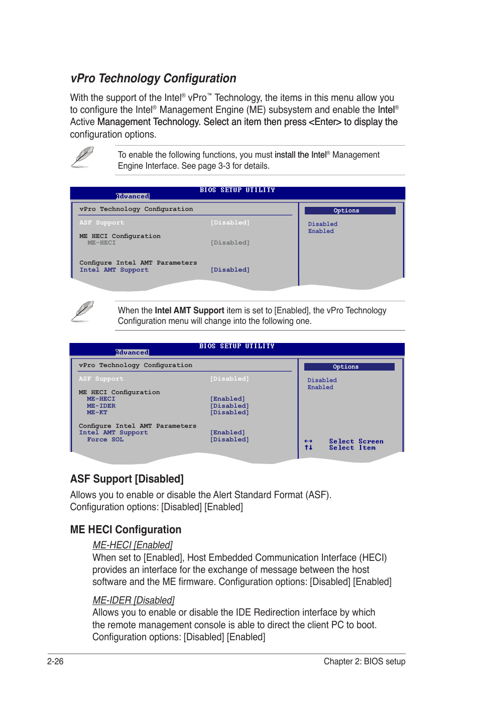 Vpro technology configuration, Asf support [disabled, Me heci configuration | With the support of the intel, Vpro | Asus P5B-VM DO User Manual | Page 80 / 100