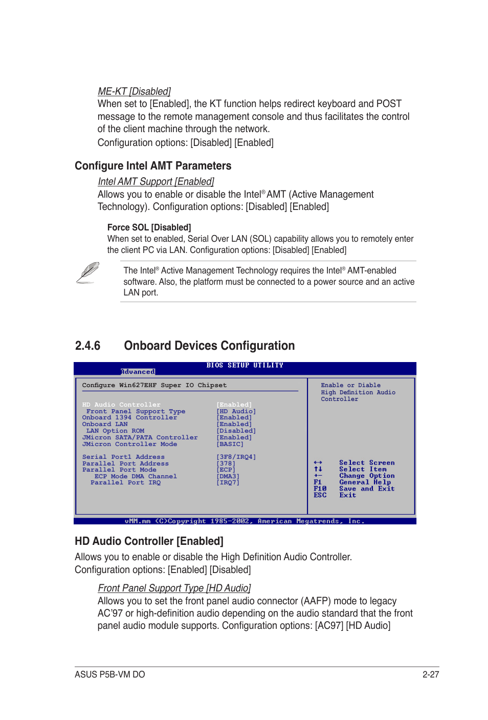 6 onboard devices configuration, Configure intel amt parameters, Hd audio controller [enabled | Asus P5B-VM DO User Manual | Page 81 / 100