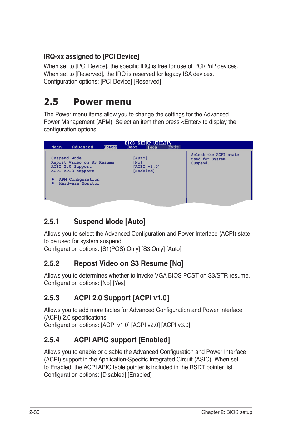 5 power menu, 1 suspend mode [auto, 2 repost video on s3 resume [no | 4 acpi apic support [enabled | Asus P5B-VM DO User Manual | Page 84 / 100