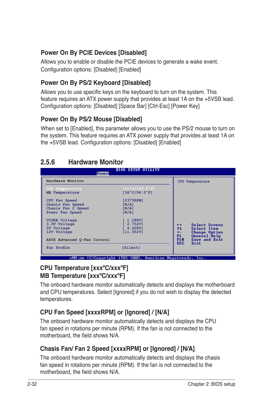 6 hardware monitor, Power on by pcie devices [disabled, Power on by ps/2 keyboard [disabled | Power on by ps/2 mouse [disabled | Asus P5B-VM DO User Manual | Page 86 / 100