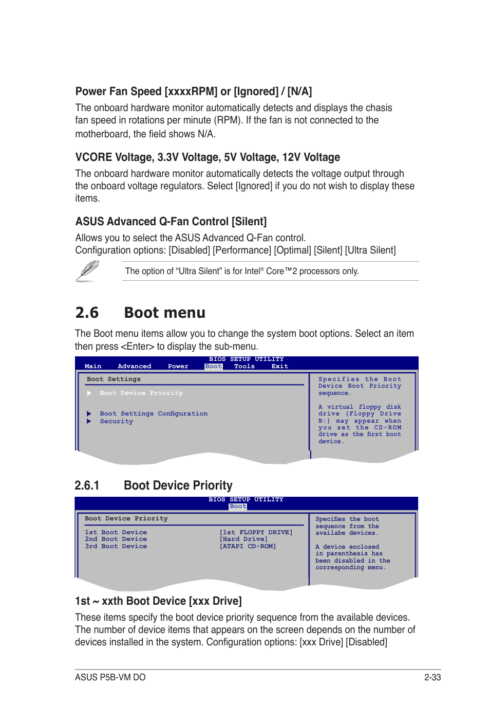 6 boot menu, 1 boot device priority, Asus advanced q-fan control [silent | 1st ~ xxth boot device [xxx drive | Asus P5B-VM DO User Manual | Page 87 / 100