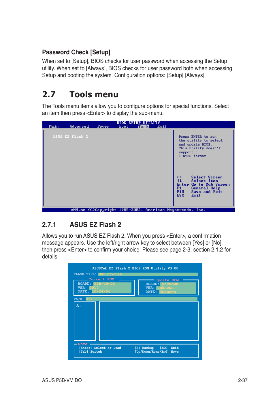 7 tools menu, 1 asus ez flash 2, Password check [setup | Asus P5B-VM DO User Manual | Page 91 / 100