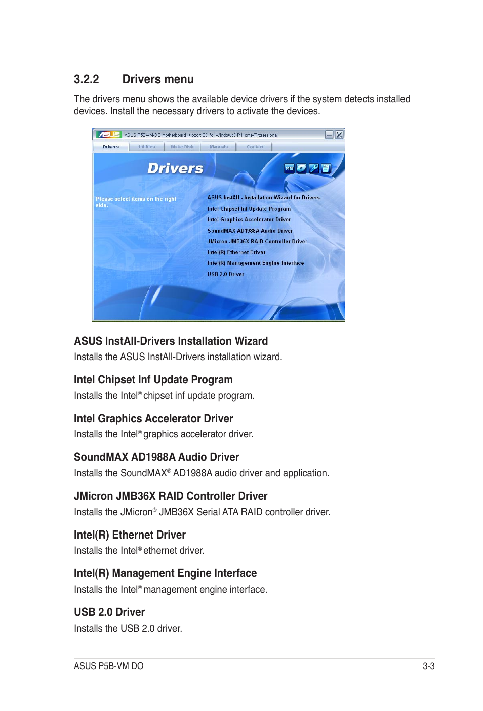 2 drivers menu | Asus P5B-VM DO User Manual | Page 95 / 100