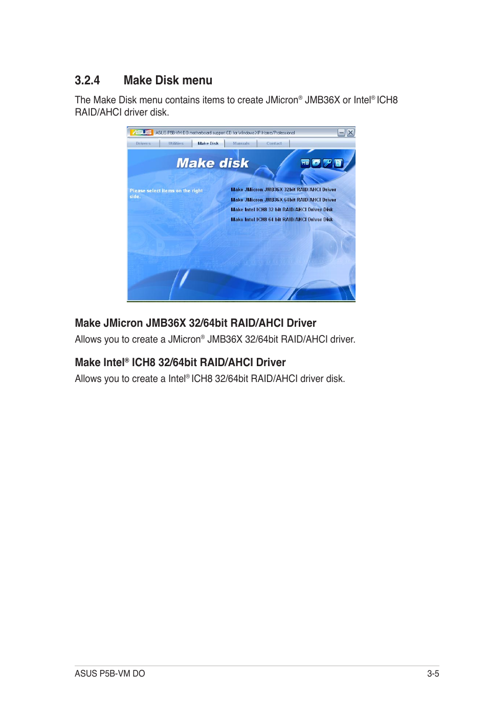 4 make disk menu, Make intel | Asus P5B-VM DO User Manual | Page 97 / 100