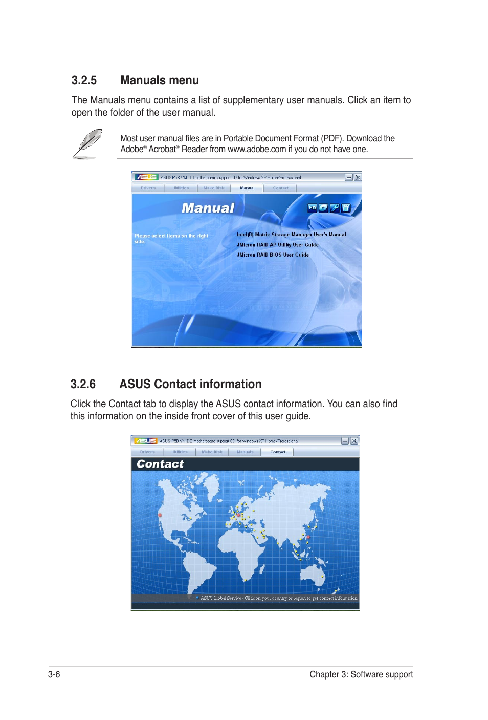 5 manuals menu, 6 asus contact information | Asus P5B-VM DO User Manual | Page 98 / 100