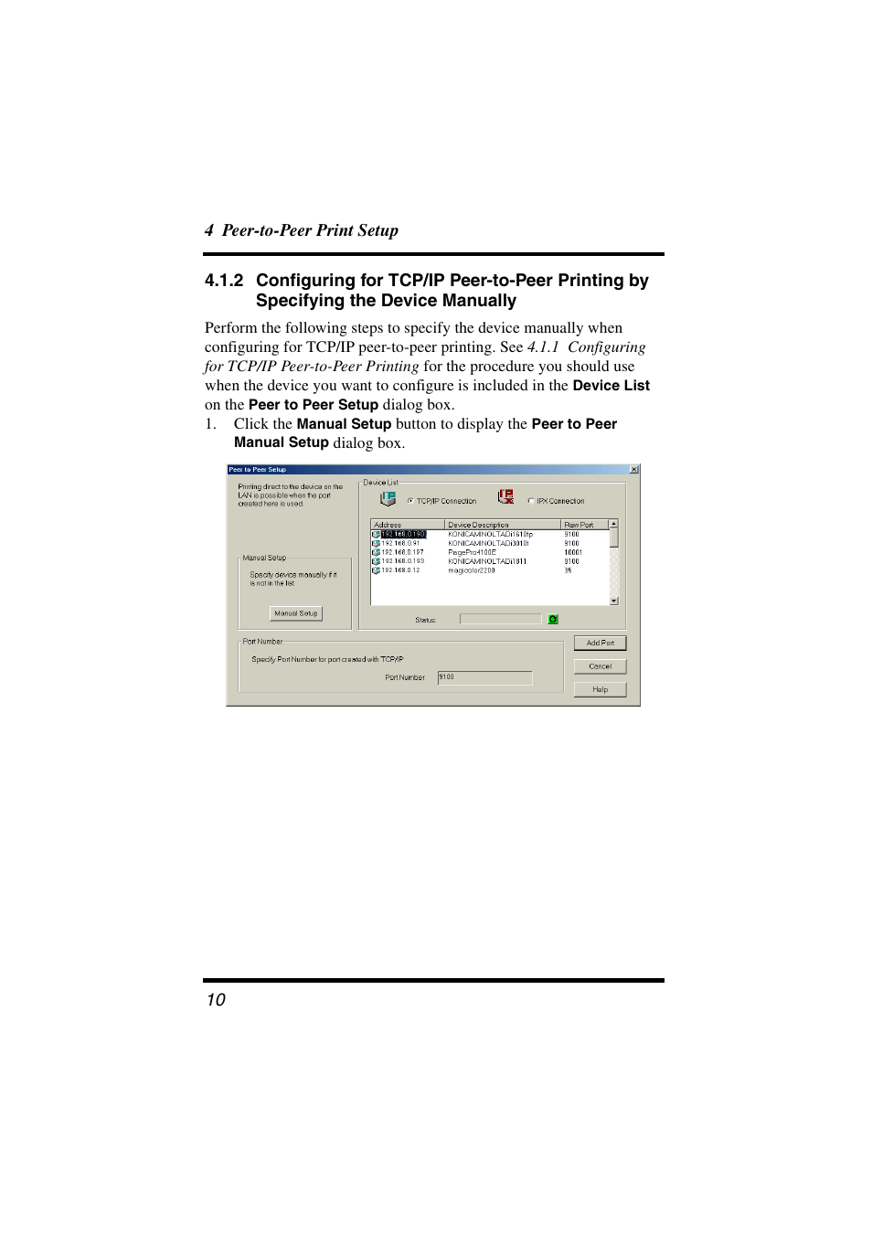 2 configuring for tcp/ip peer-to-peer, Printing by specifying the device manually | Konica Minolta BIZHUB C30P User Manual | Page 15 / 21