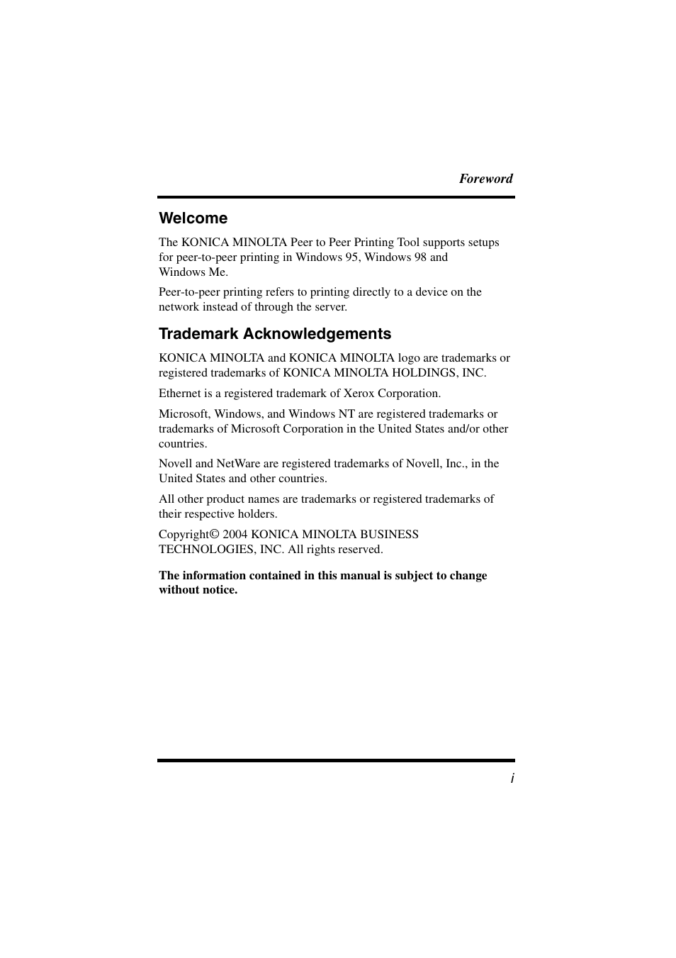 Welcome, Trademark acknowledgements | Konica Minolta BIZHUB C30P User Manual | Page 2 / 21