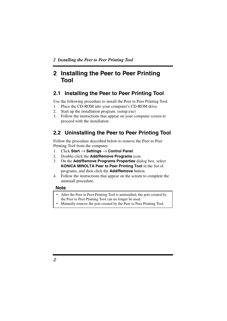2 installing the peer to peer printing tool, 1 installing the peer to peer printing tool, 2 uninstalling the peer to peer printing tool | Installing the peer to peer printing tool, Uninstalling the peer to peer printing, Tool | Konica Minolta BIZHUB C30P User Manual | Page 7 / 21