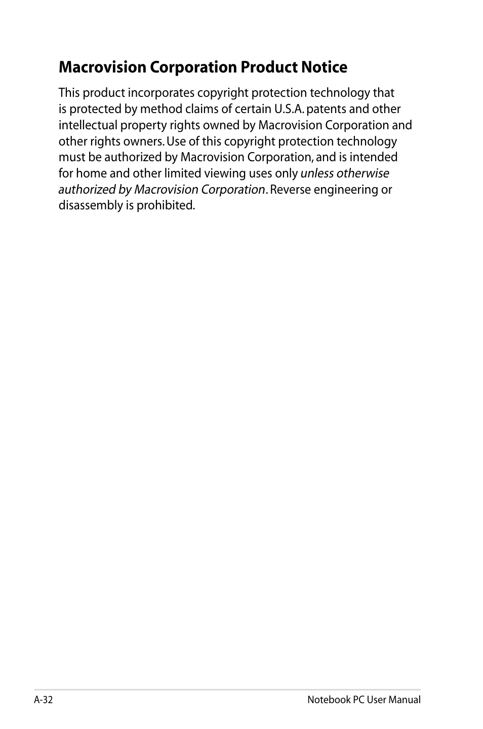 Macrovision corporation product notice | Asus E5165 User Manual | Page 102 / 108