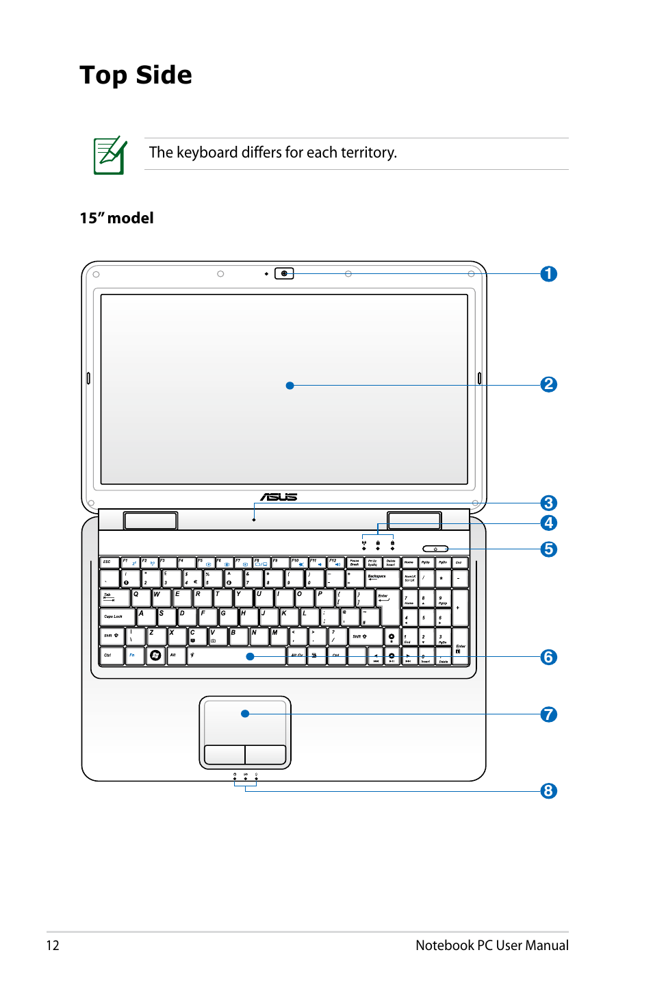 Top side | Asus E5165 User Manual | Page 12 / 108