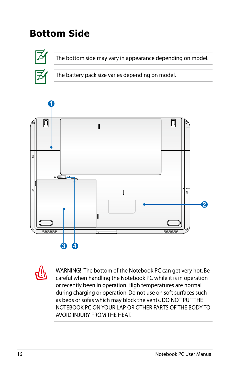 Bottom side | Asus E5165 User Manual | Page 16 / 108