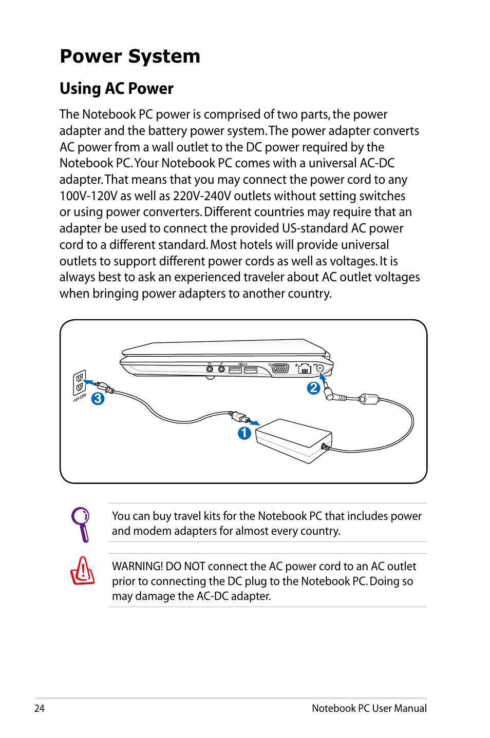 Power system, Using ac power | Asus E5165 User Manual | Page 24 / 108