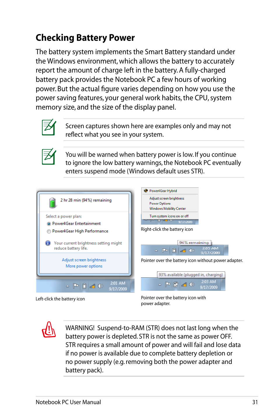 Checking battery power | Asus E5165 User Manual | Page 31 / 108