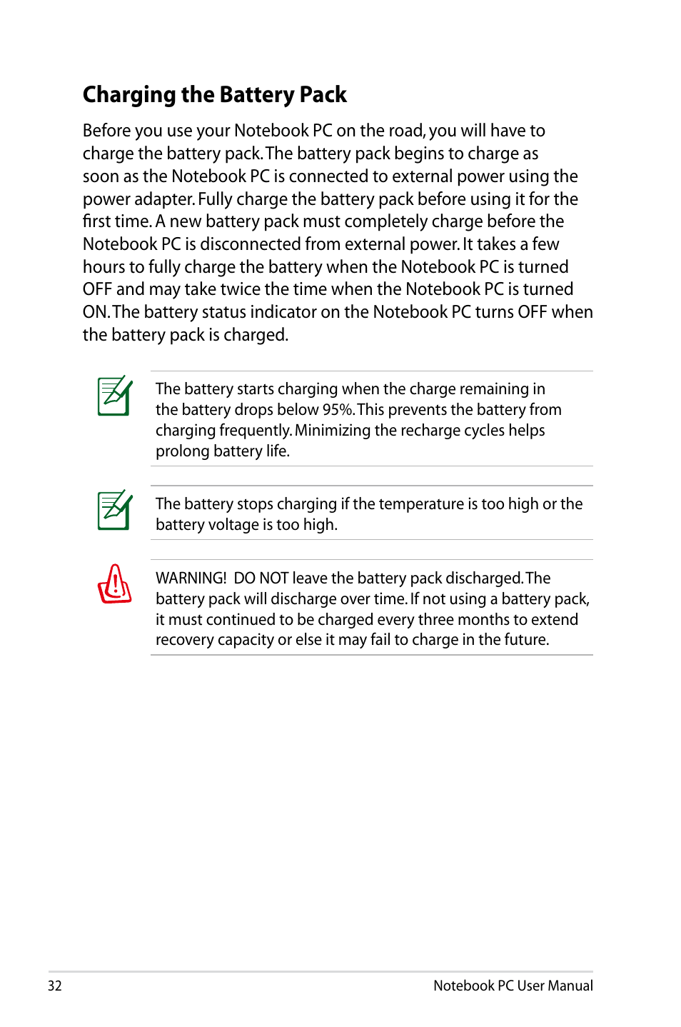 Charging the battery pack | Asus E5165 User Manual | Page 32 / 108