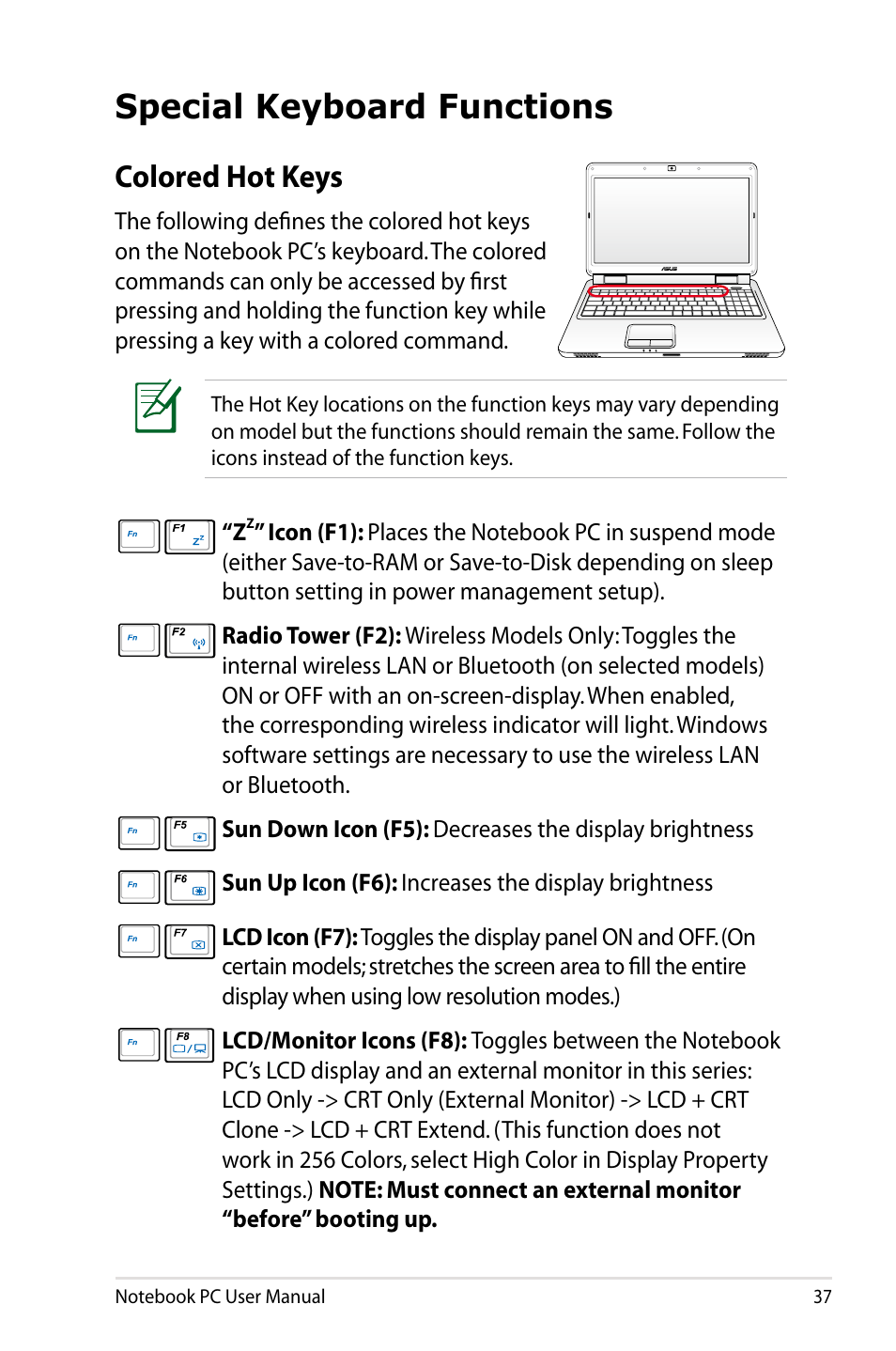 Special keyboard functions, Colored hot keys | Asus E5165 User Manual | Page 37 / 108