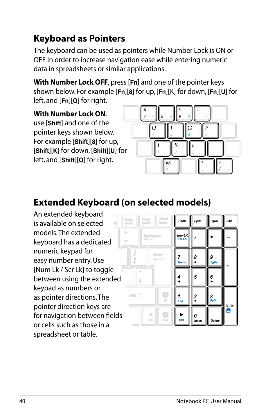 Extended keyboard (on selected models), Keyboard as pointers | Asus E5165 User Manual | Page 40 / 108