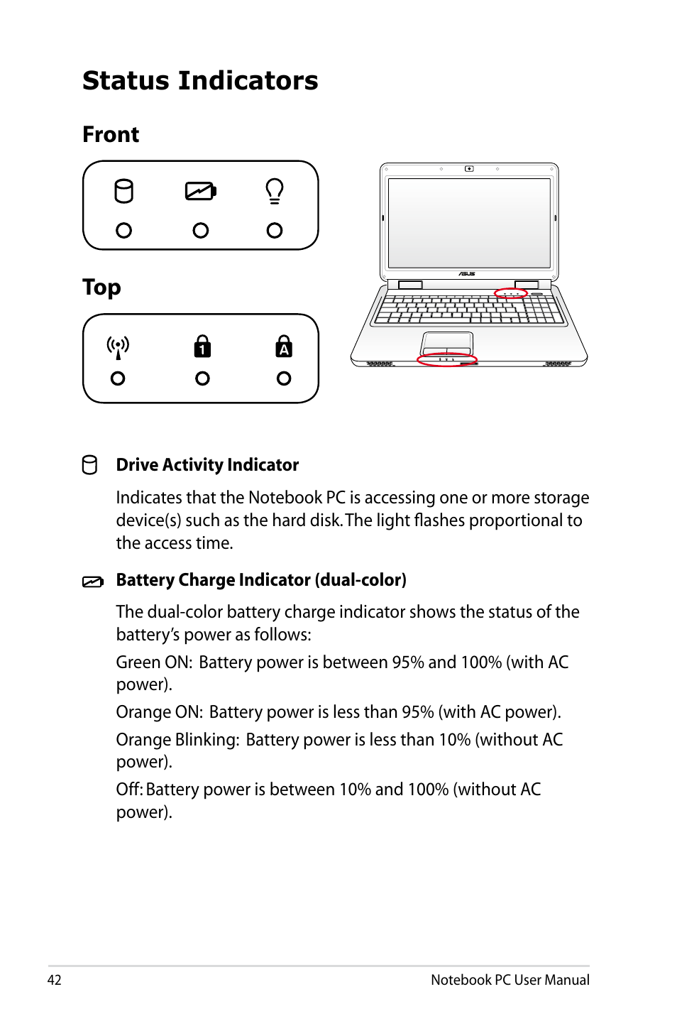 Status indicators, Front | Asus E5165 User Manual | Page 42 / 108