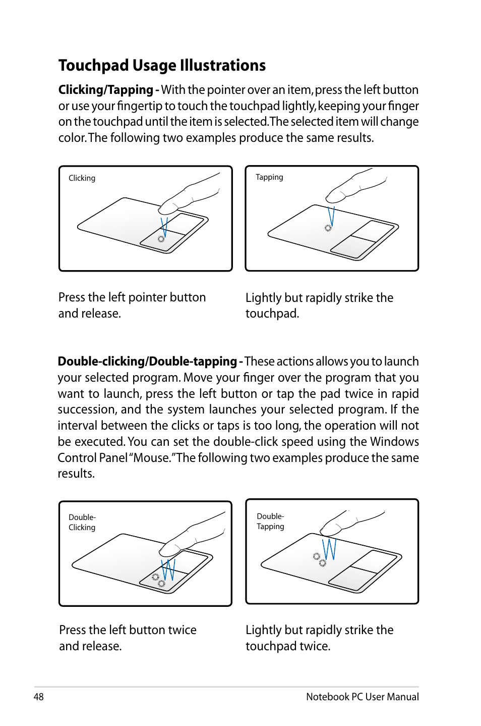 Touchpad usage illustrations | Asus E5165 User Manual | Page 48 / 108