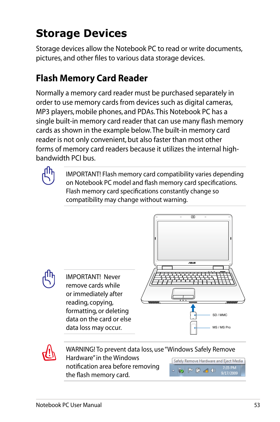 Storage devices, Flash memory card reader | Asus E5165 User Manual | Page 53 / 108