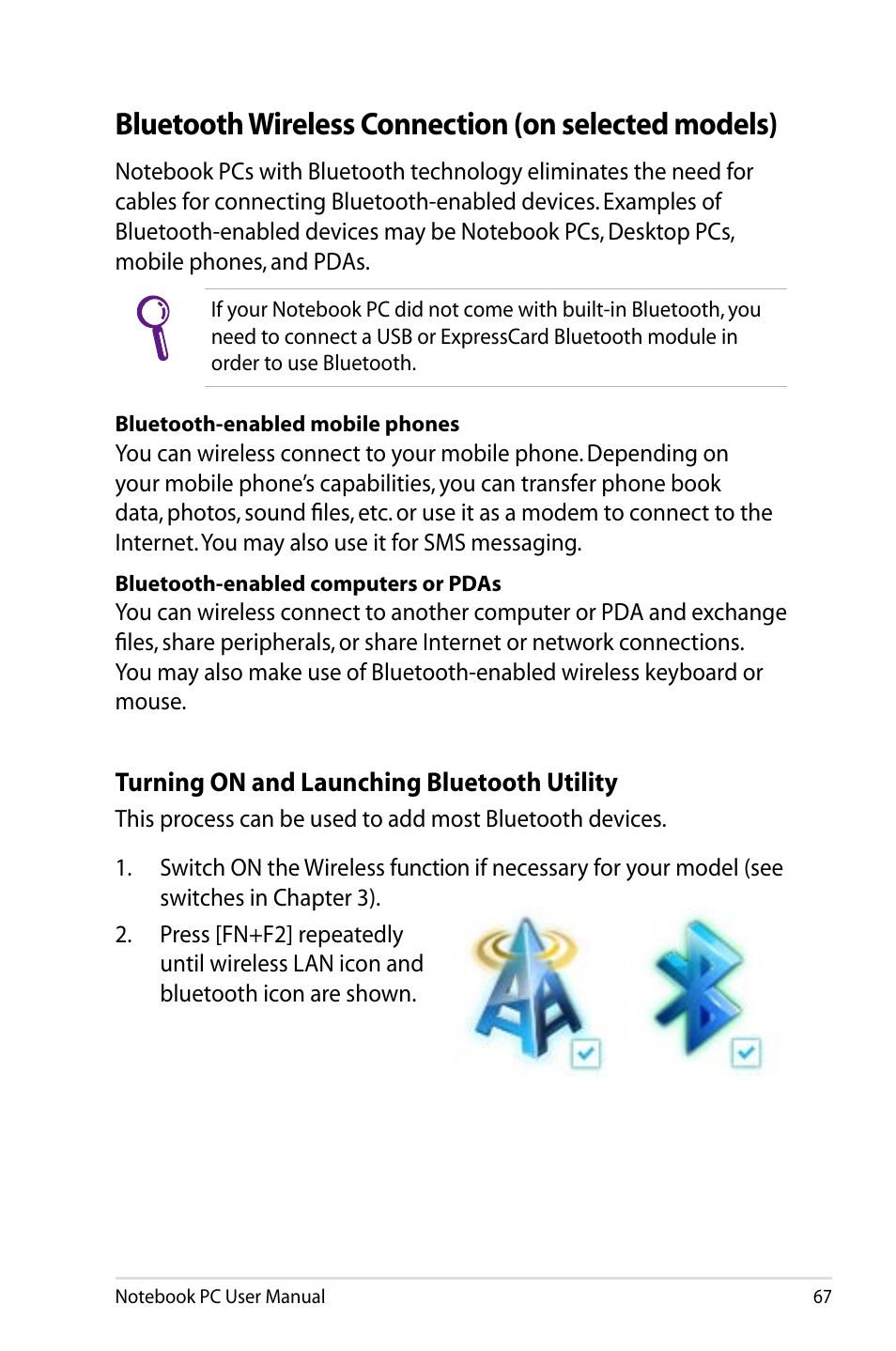 Bluetooth wireless connection (on selected models) | Asus E5165 User Manual | Page 67 / 108