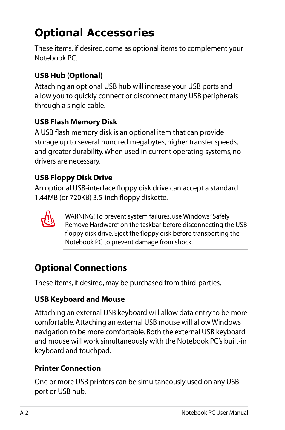 Optional accessories, Optional connections | Asus E5165 User Manual | Page 72 / 108