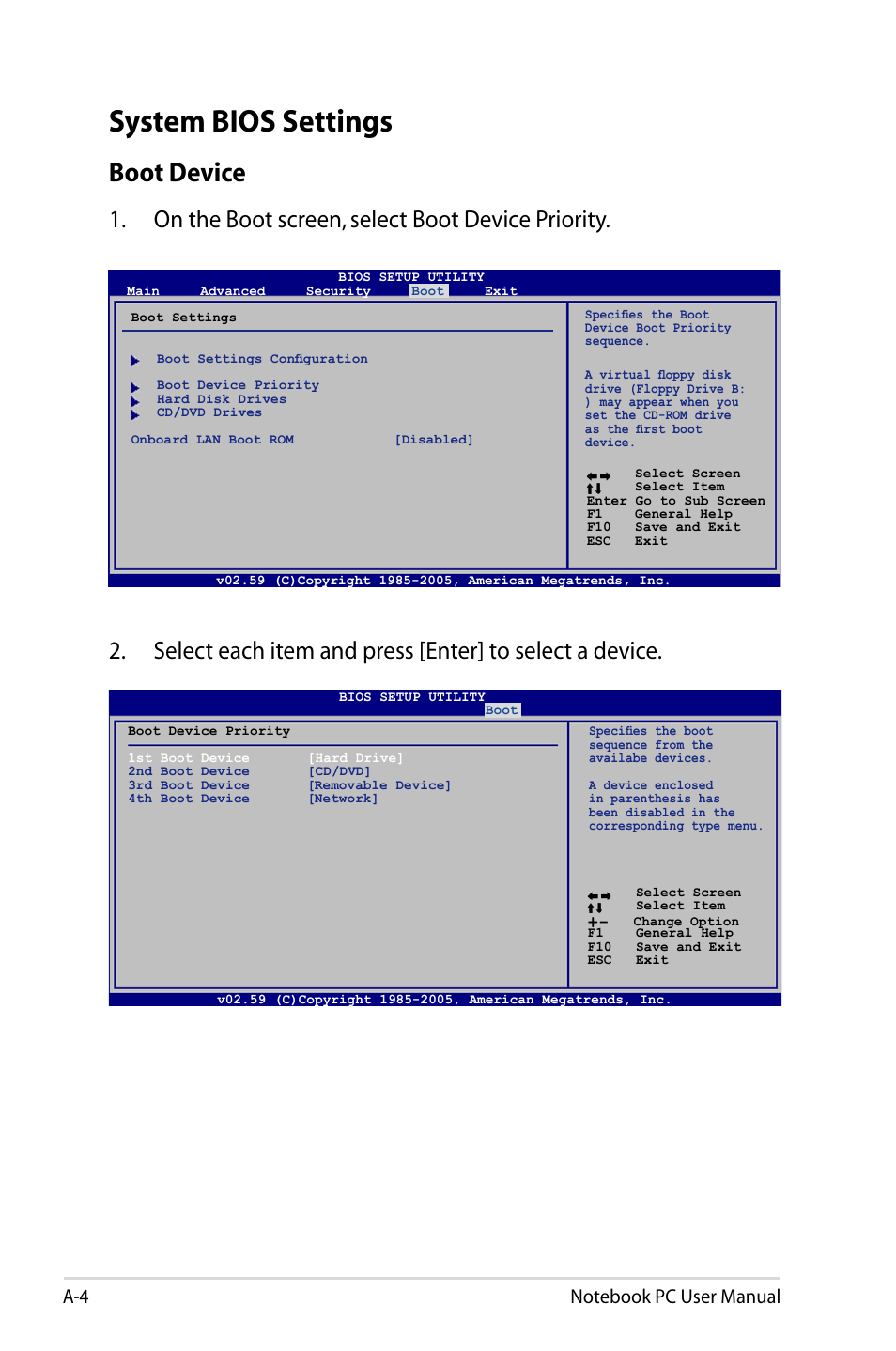 System bios settings, Boot device, On the boot screen, select boot device priority | Asus E5165 User Manual | Page 74 / 108