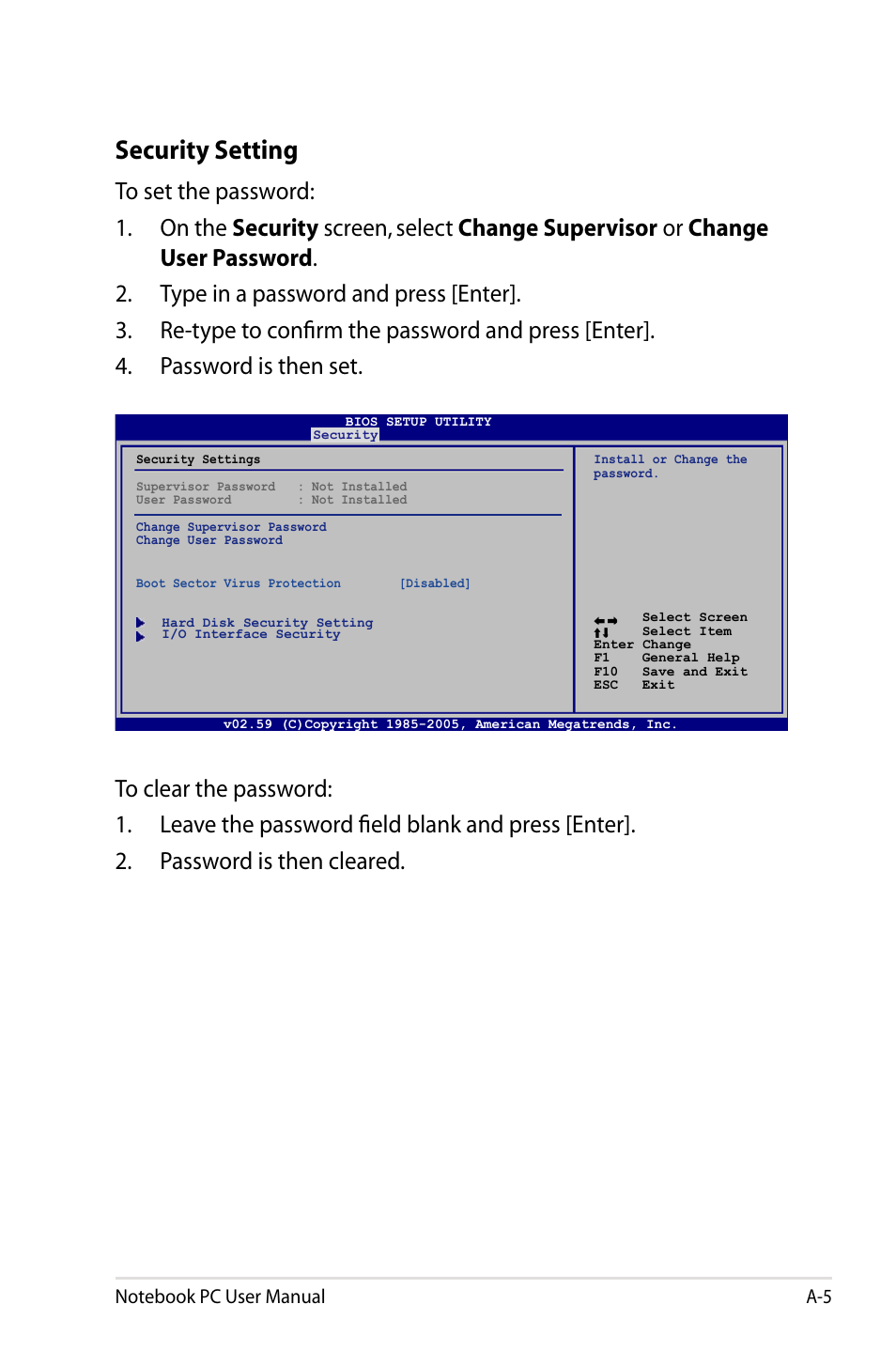 Security setting | Asus E5165 User Manual | Page 75 / 108