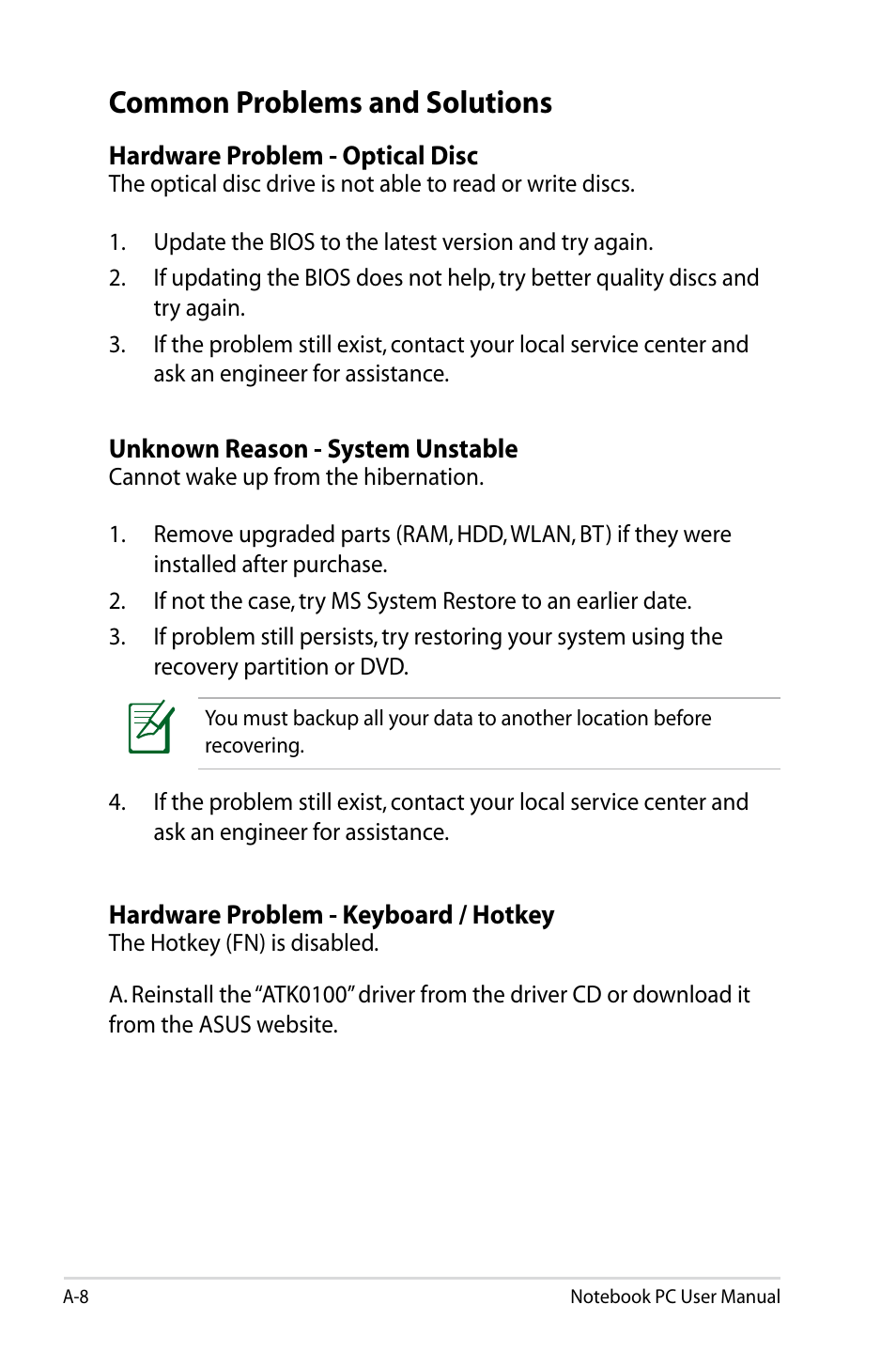 Common problems and solutions | Asus E5165 User Manual | Page 78 / 108