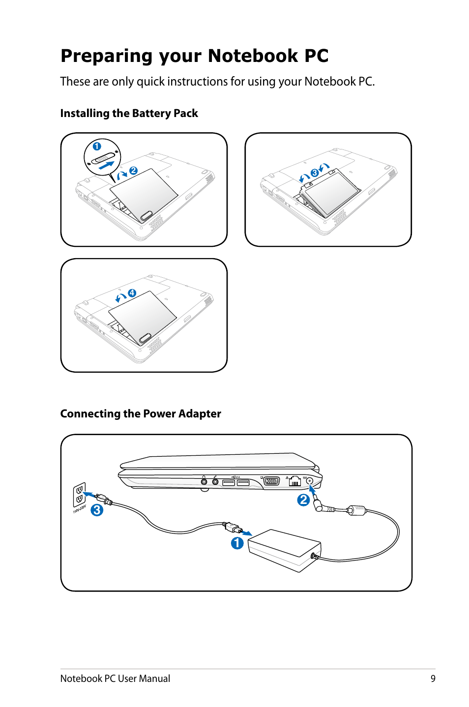 Preparing your notebook pc | Asus E5165 User Manual | Page 9 / 108