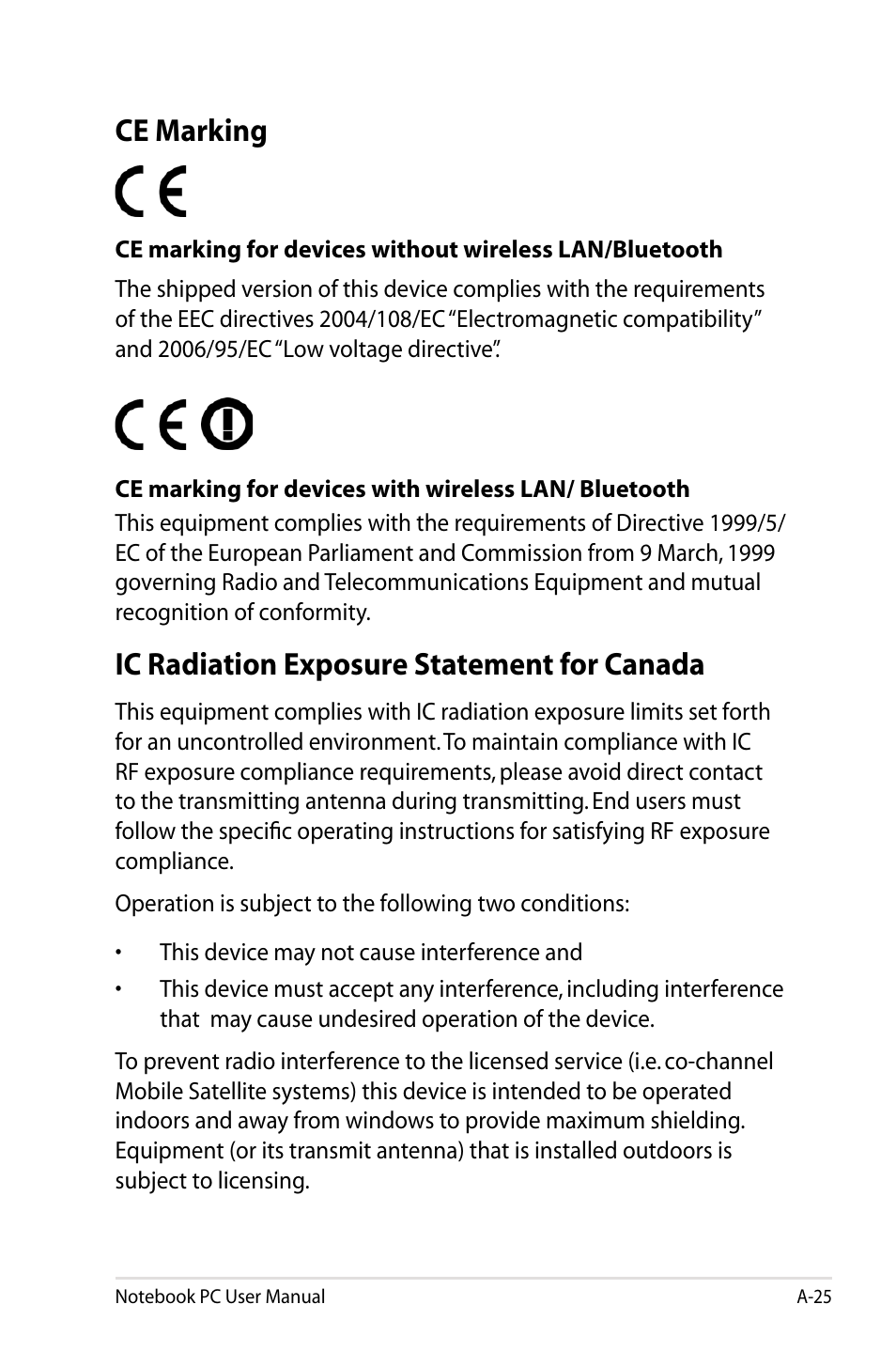 Ce marking, Ic radiation exposure statement for canada | Asus E5165 User Manual | Page 95 / 108