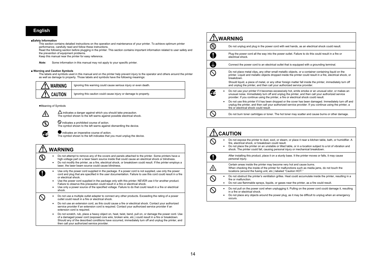 Warning, Caution, 14 english | Konica Minolta PagePro 1400W User Manual | Page 14 / 60