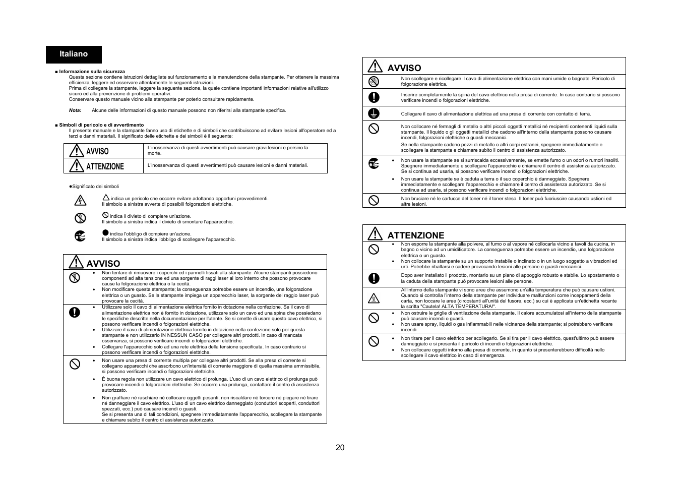 Avviso, Attenzione, 20 italiano | Konica Minolta PagePro 1400W User Manual | Page 20 / 60