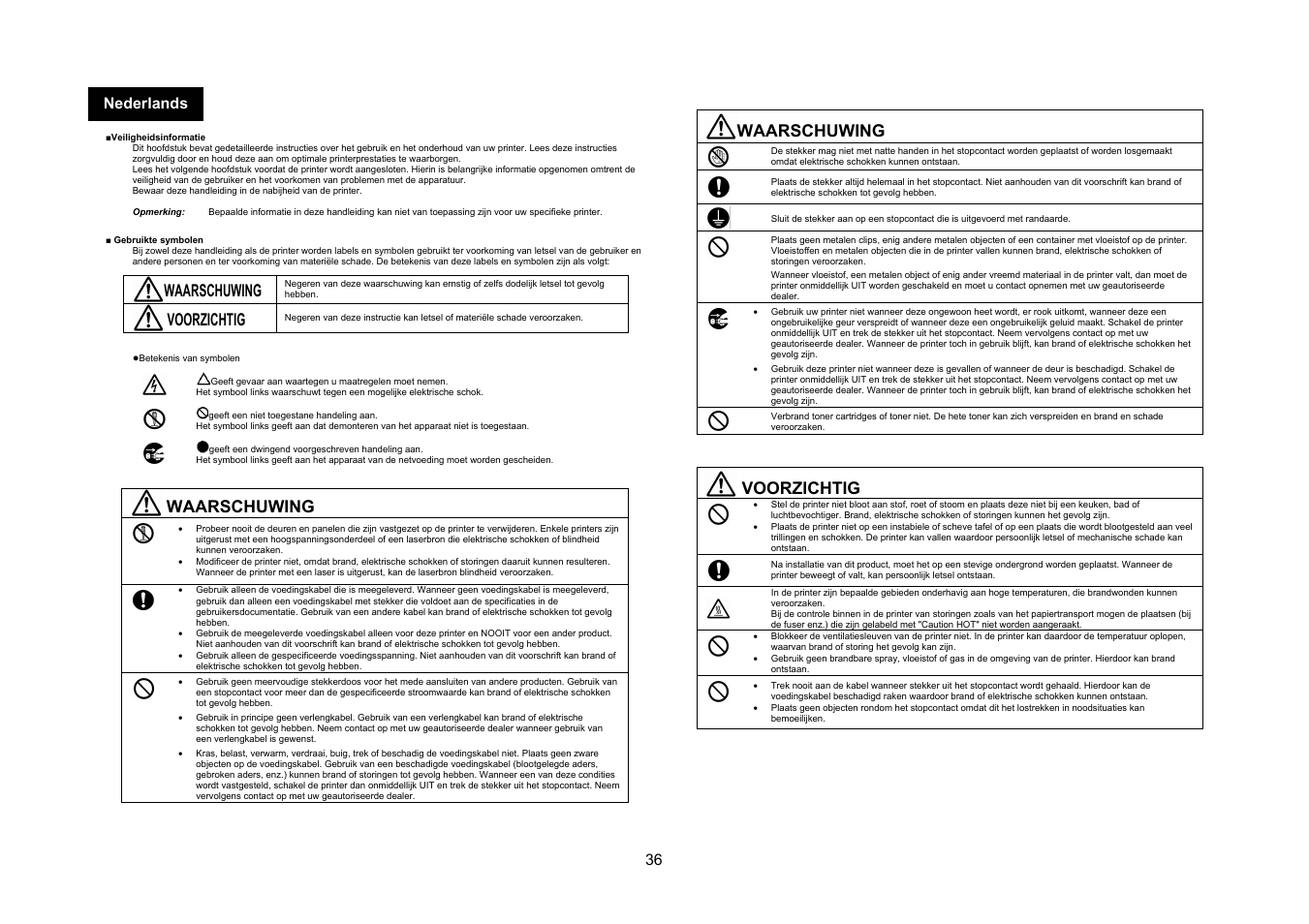 Waarschuwing, Voorzichtig, 36 nederlands | Konica Minolta PagePro 1400W User Manual | Page 36 / 60