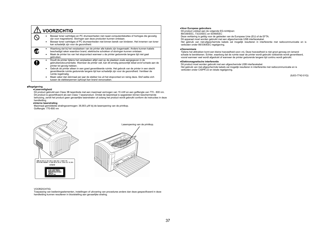 Voorzichtig | Konica Minolta PagePro 1400W User Manual | Page 37 / 60