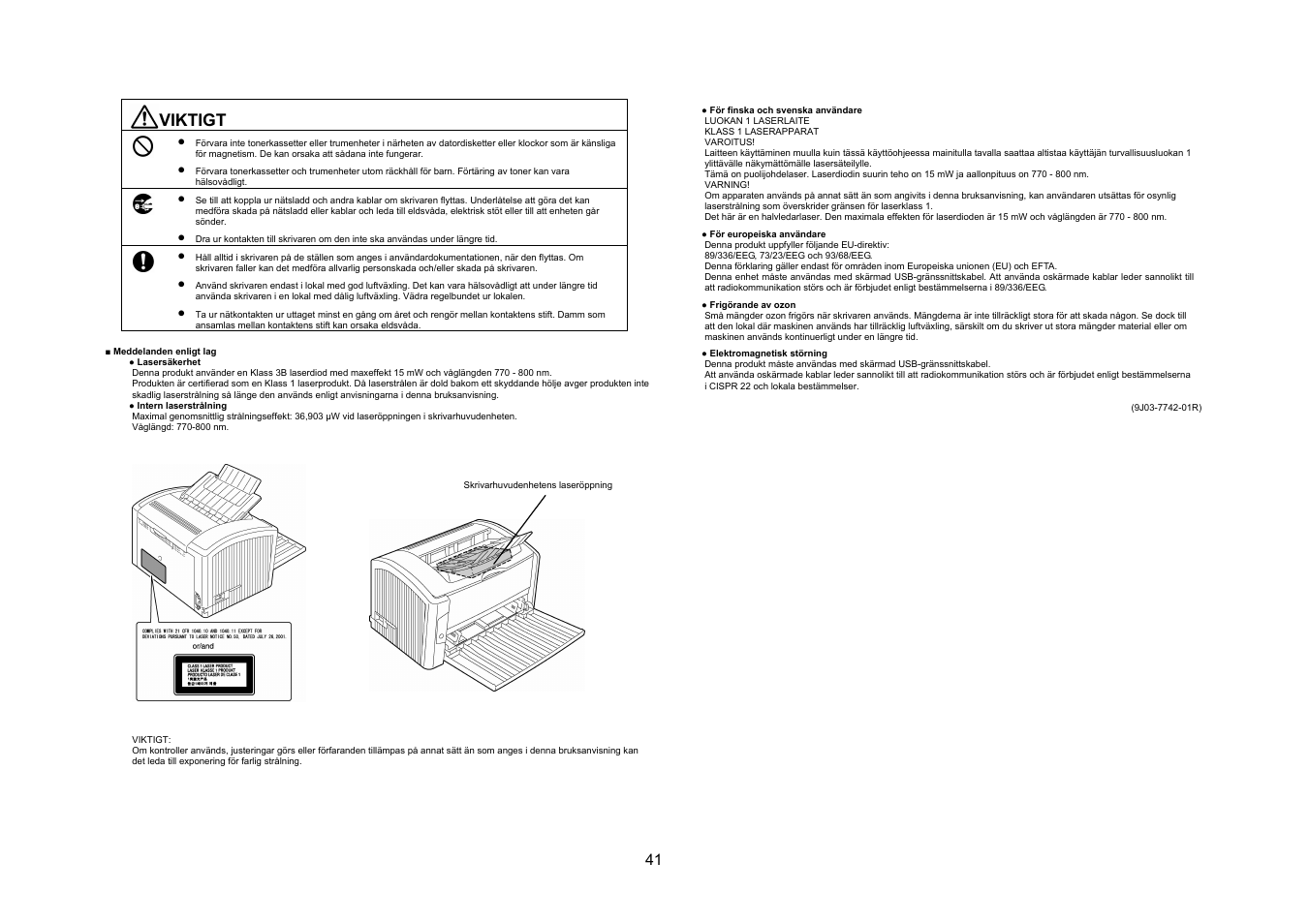 Viktigt | Konica Minolta PagePro 1400W User Manual | Page 41 / 60