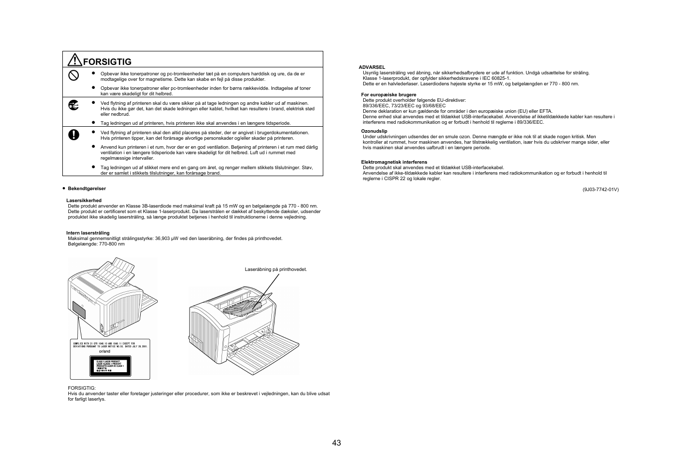 Forsigtig | Konica Minolta PagePro 1400W User Manual | Page 43 / 60