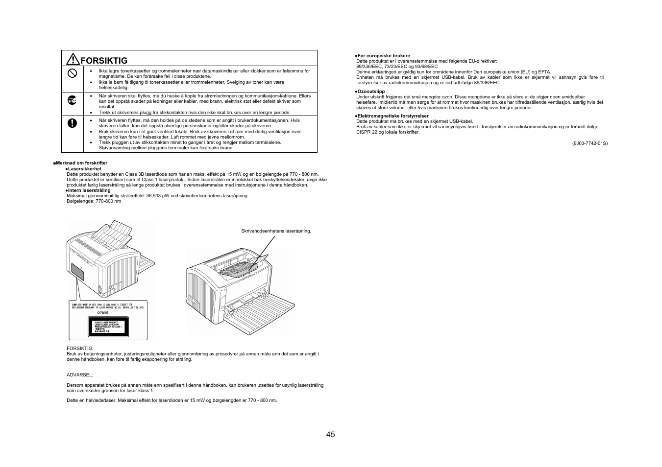 Forsiktig | Konica Minolta PagePro 1400W User Manual | Page 45 / 60