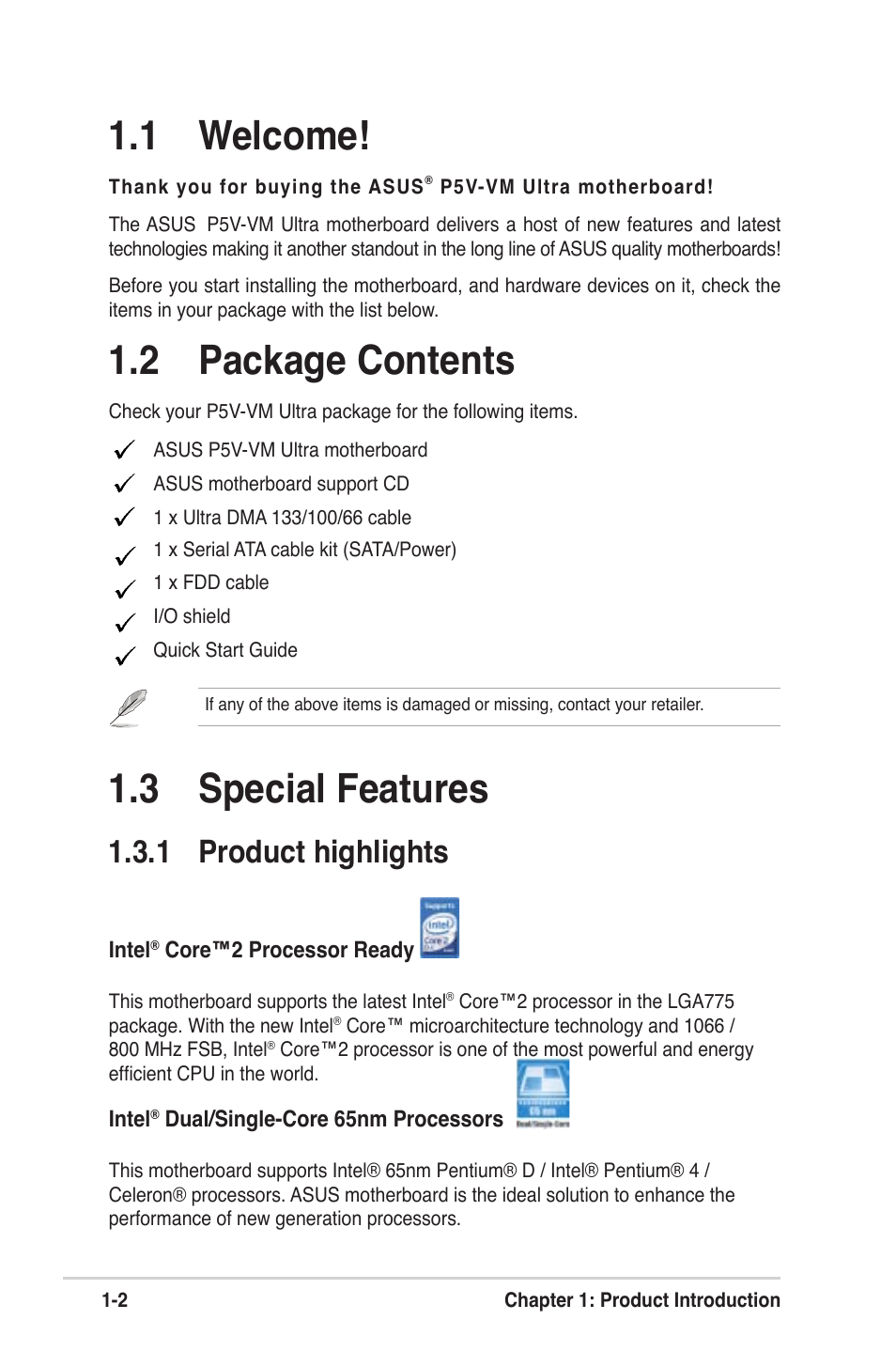 3 special features, 1 welcome, 2 package contents | 1 product highlights | Asus MOTHERBOARD ULTRA P5V-VM User Manual | Page 12 / 78